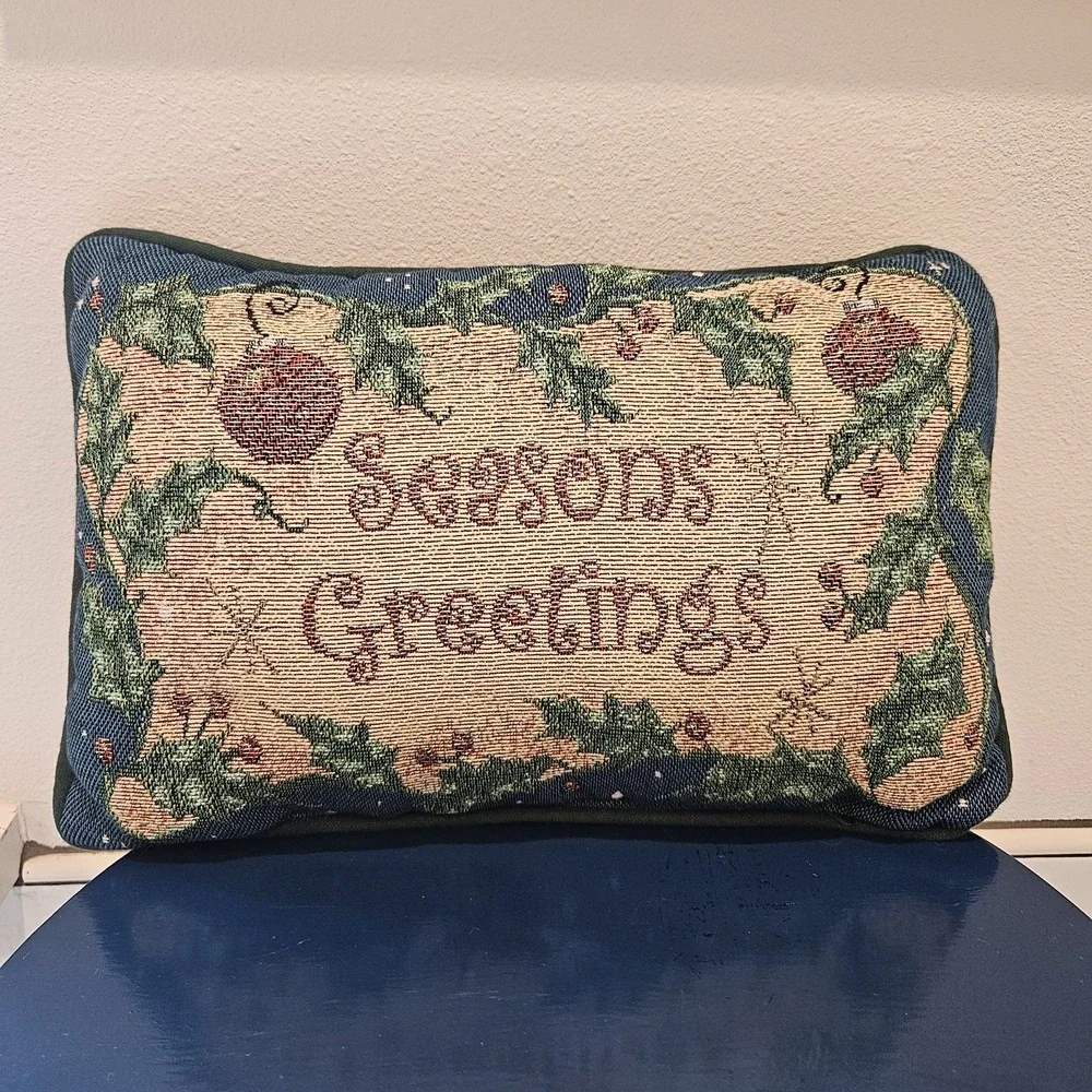 Vintage Tapestry Christmas Accent Throw Pillow Season's Greeting 12